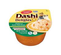 INABA Dashi Delights, Alimento Húmedo, Pollo y Copos de Bonito, 70g | Copos Tiernos en Caldo, Inspirado en la Tradición Japonesa, Snack Delicioso, Complemento para la Comida, Alta Humedad