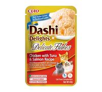 INABA Dashi Delights Delicate Flakes, Comida Húmeda para Gatos con Pollo, Atún y Salmón, Copos en Caldo de Pescado, Rica en Proteínas, Ingredientes Naturales, Comida Complementaria, 1 sobre de 40 g
