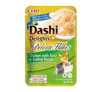 INABA Dashi Delights Delicate Flakes, Comida Húmeda para Gatos con Pollo, Atún y Vieira, Copos en Caldo de Pescado, Rica en Proteínas, Ingredientes Naturales, Comida Complementaria, 1 sobre de 40 g