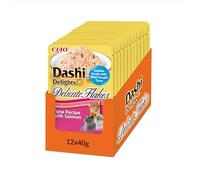 INABA Dashi Delights Delicate Flakes, Copos en Caldo para Gatos de Atún y Vieira, Comida Húmeda Rica en Proteínas, Ingredientes Naturales, Snack Húmedo para Gatos, Sopa para Gatos, 12 Sobres x 40 g