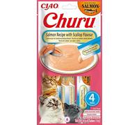 INABA - Snack para Gatos - Salmón y Vieira - con Vitamina E y Camelia - Textura Suave, Alto Contenido de Humedad y Disfrute Natural para Gatos - 56g (4x14g)