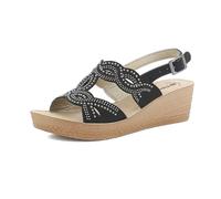 inblu Sandali Donna A Zeppa con Doppia Fascia Di Strass, Cinturino Regolabile E Plantare In Pelle Imbottito, Mujer, Negro, 37 EU