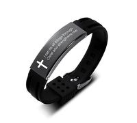 INBLUE Cita Religiosa Cristiana Versículos Biblia Inspiración Escritura Poderosa Identificación Pulsera Cruz Acero Inoxidable Ajustable Silicona Pulseras Regalo para Hombre (Estilo A-Negro,Texto 3)