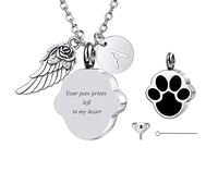 INBLUE Collar Urna Personalizado para Cenizas, Corazón de Acero Inoxidable Colgante, Grabado Foto Perro Gato Nombre, Cremación Joyería Mujeres Hombres con Juego de Embudo, Alas de Ángel