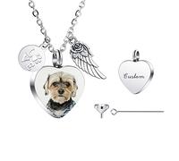 INBLUE Collar Urna Personalizado para Cenizas, Corazón de Acero Inoxidable Colgante, Grabado Foto Perro Gato Nombre, Cremación Joyería Mujeres Hombres con Juego de Embudo, Alas de Ángel