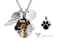 INBLUE Collar Urna Personalizado para Cenizas, Corazón de Acero Inoxidable Colgante, Grabado Foto Perro Gato Nombre, Cremación Joyería Mujeres Hombres con Juego de Embudo, Alas de Ángel