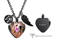 INBLUE Collar Urna Personalizado para Cenizas, Corazón de Acero Inoxidable Colgante, Grabado Foto Perro Gato Nombre, Cremación Joyería Mujeres Hombres con Juego de Embudo, Alas de Ángel