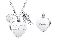 INBLUE Collar Urna Personalizado para Cenizas, Corazón de Acero Inoxidable Colgante, Grabado Foto Perro Gato Nombre, Cremación Joyería Mujeres Hombres con Juego de Embudo, Alas de Ángel