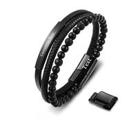 INBLUE Personalizada Lava Roca Piedra Cuentas Cuero Pulseras con Acero Inoxidable Hebilla Ajustable Texto Grabado Múltiples Capas Pulsera Volcánica Piedra Cuentas y Trenzado Cuero Pulsera para Hombres