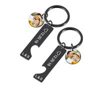 INBLUE Personalizado Acero Inoxidable Pareja Conjunto de llaveros para Mujeres Grabado Nombre Fecha Corazón Rompecabezas Llavero Foto Redondo Etiqueta Cortar Llavero con Nombre - A4