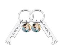 INBLUE Personalizado Acero Inoxidable Pareja Conjunto de llaveros para Mujeres Grabado Nombre Fecha Corazón Rompecabezas Llavero Foto Redondo Etiqueta Cortar Llavero con Nombre - A1