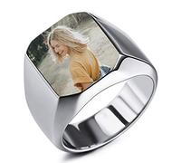 INBLUE Personalizado Foto Anillo de Sello Negro Imagen para Hombres Mujeres Memorial Joyería de Acero Inoxidable Paquete con Ajustadores de Tamaño de Anillo (Plata Color)