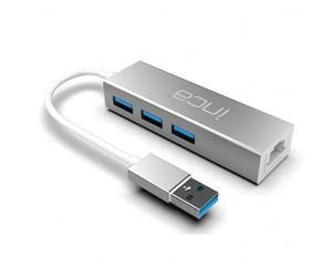inca Concentrador USB 3.0 con 3 puertos USB-A y RJ45 Gigabit Ethernet, carcasa de aluminio, Plug & Play, protección contra cortocircuitos y sobretensiones, compatible con Windows y Mac, color plateado