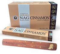 Incienso de canela Vijayshree Golden Nag 15 g Nueva fragancia varillas de cinnamon duración 60 minutos aproximadamente + regalo porta inciensos (12 cajas de 15 g)