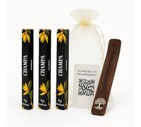 Incienso Natural Aroma Champa con Quemador de Madera e invitación a Ritual Relajante con Playlist Ideal para meditación Yoga y ambientar tu casa con 60 Varillas en 3 Paquetes