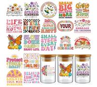 INCOK Transferencias para manualidades - 20 hojas con citas inspiradoras bohemias UV DTF para vidrio de 16 onzas, calcomanías de transferencia de tazas de flores de mariposa Groovy, calcomanías