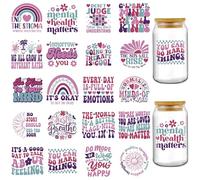 INCOK Transferencias para manualidades - 20 hojas moradas de salud mental UV DTF Cup Wraps para vidrio de 473 ml, The Sun Will Rise Flowers Daily Afirmation Transfer Stickers DIY Stress Relief