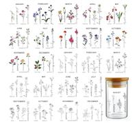 INCOK Transferencias para manualidades - 24 hojas de flores de nacimiento UV DTF taza envoltura para vidrio de 473 ml, caléndula rosa violeta, calcomanía de transferencia de taza DIY impermeable