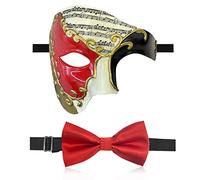 IncreDecor Máscara de máscaras para hombres, máscara de media cara del fantasma de la ópera con corbatín, máscaras venecianas para fiesta de Halloween (negro rojo)
