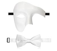 IncreDecor Máscara de máscaras para hombres, máscara de media cara del fantasma de la ópera con corbatín, máscaras venecianas para fiesta de Halloween (blanco)