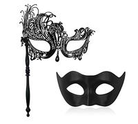 IncreDecor Máscara de máscaras para parejas con palo de sujeción, máscaras venecianas de metal para Halloween, máscara de disfraz de Mardi Gras para mujeres y hombres (AB)