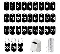 INCREWAY 30 etiquetas de números de aluminio con llaveros, etiqueta de número autoadhesiva, etiquetas de identificación cuadradas negras para llaves, taquillas, equipaje, oficina en casa, hotel y