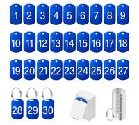INCREWAY 30 etiquetas de números de aluminio con llaveros, etiqueta de número autoadhesiva, etiquetas de identificación cuadradas azules para llaves, taquillas, equipaje, oficina en casa, hotel y