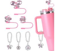 INCREWAY Juego de 6 fundas de paja de flores de piedras preciosas de cristal con dije colgante, práctica tapa protectora de silicona, a prueba de polvo, reutilizable, bonitos accesorios para botellas