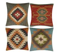 INDACORIFY, Juego de 4 Uds. De Funda de cojín Kilim de Yute de Lana, Funda de Almohada turca Tejida a Mano Vintage, Funda Decorativa para decoración del hogar (Estilo- 09)