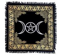 INDACORIFY Mantel de altar de pentagrama de triple luna con flecos, tela de brujería, tela de meditación espiritual sagrada de 18 x 18 pulgadas (lunas de pentagrama doradas y plateadas)