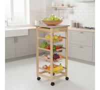 INDE MOBLEKIT | Carrito Auxiliar con Ruedas 4 Estantes con Cajón, Verdulero de Cocina en Madera Natural, Verdulero con Cajones Metálicos, Mueble Auxiliar de Cocina para Alimentos y Frutas