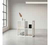 INDE MOBLEKIT | Estantería 4 Compartimentos 60x29.5x59 cm Blanca, Mueble Auxiliar de Almacenaje con Diseño Slat Lateral de Listones de Madera, Estantería de Cubos para Salón, Dormitorio o Estudio