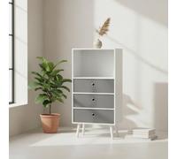 INDE MOBLEKIT | Estantería de Almacenaje 4 Niveles 45x29x95 cm Blanca y Gris, Mueble Auxiliar con 3 Cajones, Estantería de Madera Acabado Mate para Dormitorio, Salón o Oficina