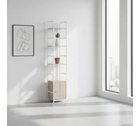 INDE MOBLEKIT | Estantería Metálica 4 Niveles con Puerta 30x24x144 cm Blanco y Roble, Mueble de Almacenaje Estrecho con Baldas de Madera, Ideal para Cocina, Baño o Estudio