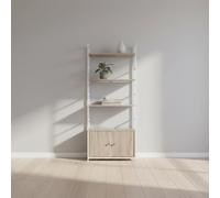 INDE MOBLEKIT | Estantería Metálica 4 Niveles con Puertas 60x24x144 cm Blanco y Roble, Mueble Auxiliar de Almacenaje con Baldas de Madera para Dormitorio, Oficina o Cocina