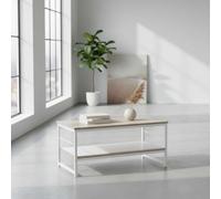 INDE MOBLEKIT | Mesa de Centro Rectangular 80x40x38 cm con 2 Niveles, Estructura Metálica Blanca y Tablero de Madera Mate, Mueble Auxiliar para Salón, Estantería Baja o Mesa de Café