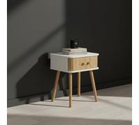 INDE MOBLEKIT | Mesita de Noche Blanca con Puertas de Bambú, 40x30x47 cm, Mesilla Dormitorio Estilo Nórdico, Mesa Auxiliar Madera Compacta, Mesitas de Noche Madera para Salón y Habitación
