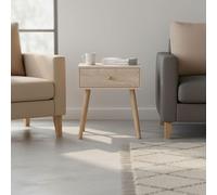 INDE MOBLEKIT | Mesita de Noche Madera Natural con 1 Cajón, 40x30x47 cm, Mesilla Estilo Nórdico para Dormitorio, Mesa Auxiliar Compacta, Mesitas de Noche Madera con Patas de Madera Clara