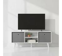 INDE MOBLEKIT | Mueble Auxiliar 110×29×47 cm, Mueble TV Blanco con 2 Compartimentos Abiertos y 2 Cajones Grises, Estantería Moderna para Salón, Recibidor o Almacenamiento Hogar