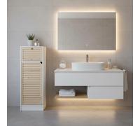 INDE MOBLEKIT | Mueble para Baño con Cajón y Puerta 30×29.5×87 cm, Armario Auxiliar Blanco y Madera Natural, Mueble Estrecho para Lavabo con Espacio de Almacenaje Cerrado