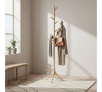 INDE MOBLEKIT | Perchero de Pie Madera Natural 42x42x175 cm con 8 Ganchos, Diseño Haya Montaje sin Tornillos, Ideal para Entrada Recibidor, Dormitorio y Galán de Noche