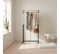 INDE MOBLEKIT | Perchero Doble Extensible con Ruedas 80x43x90-160 cm, Burro Ropa de Metal y Madera Ajustable, Ideal para Dormitorio, Entrada Recibidor y Galán de Noche