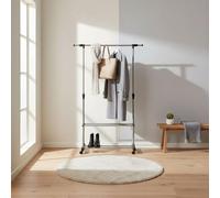 INDE MOBLEKIT | Perchero Extensible Metálico con Ruedas 89x145x43x90-160 cm, Burro Ropa Ajustable con Estante Inferior, Colgador de Pie para Entrada, Dormitorio y Decoración Hogar