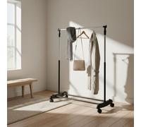 INDE MOBLEKIT | Perchero Extensible Negro y Plata 82x42x90-160 cm con Ruedas, Colgador de Ropa Ajustable, Burro Ropa Práctico para Dormitorio, Recibidor y Organización de Armario