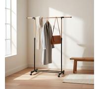 INDE MOBLEKIT | Perchero Extensible Wood 88x145x43x90-160 cm con Ruedas, Burro Ropa Metálico y Madera Ajustable, Ideal para Dormitorio, Entrada Recibidor y Decoración Hogar