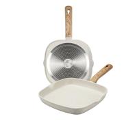 INDE QUTTIN - Sartén Asadora Ecook 28x28 cm Antiadherente Cerámica PFAS Free, Aluminio Reciclado, Sin Tóxicos, Apta para Inducción Gas Vitro Eléctrico Halógeno, Mango Detalle en Madera