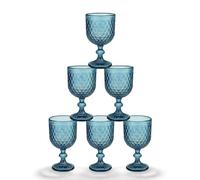 INDE SANTA CLARA | Set 6 Copas de Agua Cristal 350cc Orbel Azul, Copa Vaso Vino de Vidrio Relieve Azul, Aptas Lavavajillas y Microondas