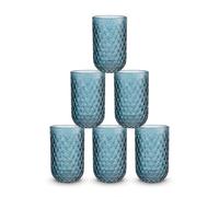 INDE SANTA CLARA | Set 6 Vasos de Cristal Agua 430cc Orbel Azul, Vasos Agua Altos de Vidrio Relieve Azul, Aptos Lavavajillas y Microondas