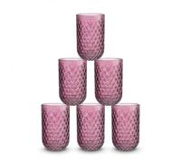 INDE SANTA CLARA | Set 6 Vasos de Cristal Agua 430cc Orbel Morado, Vasos Agua Altos de Vidrio Relieve Morado, Aptos Lavavajillas y Microondas