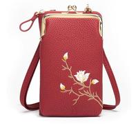 Indefinitet/Declrationun Women Sling Cross-Body Wallet, with Mobile Cell Phone Holder, Embroidered Leather Crossbody Purse (Red)